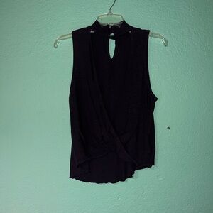 Sleeveless Dark Purple Mock Neck Wrap-Front Top